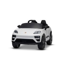 Elektryczny samochodzik Porsche Macan 12V z napędem na tylne koła i prawem jazdy (pojedyncze siedzenie), biały, bateria litowa, szerokie siedzenie, zawieszenie osi, pilot 2,4 GHz, odtwarzacz MP3 z wejściem USB/AUX, światła LED