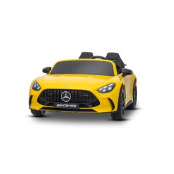 Elektryczny samochodzik Mercedes GT63 AMG 24V z napędem 4x4, żółty, dwumiejscowy, regulowany fotel kierowcy, miękkie koła EVA, pilot 2,4 GHz, USB/Bluetooth, silniki 200 W, zawieszenie, akumulator litowy, światła LED z przodu i z tyłu, oryginalna licencja