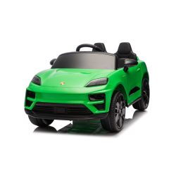 Elektryczny samochodzik Porsche Macan 12V z napędem na tylne koła i prawem jazdy (pojedyncze miejsce), zielony, bateria litowa, szerokie siedzenie, zawieszenie osi, pilot 2,4 GHz, odtwarzacz MP3 z wejściem USB/AUX, światła LED