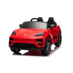 Elektryczny samochodzik Porsche Macan 12V z napędem na tylne koła i prawem jazdy (pojedyncze siedzenie), czerwony, bateria litowa, szerokie siedzenie, zawieszenie osi, pilot 2,4 GHz, odtwarzacz MP3 z wejściem USB/AUX, światła LED
