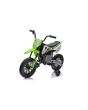 Motocykl elektryczny MOTOCROSS, zielony, akumulator 12 V, miękkie koła EVA, skórzane siedzenie, silnik 2 x 25 W, zawieszenie, metalowa rama, odtwarzacz MP3 z Bluetooth, koła pomocnicze