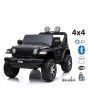 Samochód elektryczny JEEP Wrangler, Jednomiejscowy, czarny, Skórzane siedzenia, Radio z odtwarzaczem Bluetooth, Wejście SD / USB, Napęd 4x4, Akumulator 12V10Ah, Koła EVA, Osie zawieszenia, Pilot 2,4 GHz