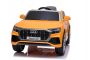 Elektryczne autko Audi Q8, pomarańczowe, oryginalna licencja, skórzane siedzenie, otwieranie drzwi, silnik 2x 25W, akumulator 12 V, pilot 2,4 Ghz, miękkie koła EVA, światła LED, miękki start