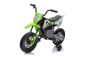 Motocykl elektryczny MOTOCROSS, zielony, akumulator 12 V, miękkie koła EVA, skórzane siedzenie, silnik 2 x 25 W, zawieszenie, metalowa rama, odtwarzacz MP3 z Bluetooth, koła pomocnicze