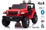 Samochód elektryczny JEEP Wrangler, Jednomiejscowy, czerwony, Skórzane siedzenia, Radio z odtwarzaczem Bluetooth, Wejście SD / USB, Napęd 4x4, Bateria litowa, Koła EVA, Osie zawieszenia, Pilot 2,4 GHz