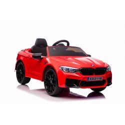 Autko elektryczne BMW M5 24V, czerwone, Koła miękkie EVA, Silniki: 2 x 24V, Pojemność akumulatora 24V, Światła LED, Pilot 2,4 GHz, Odtwarzacz MP3, Fotel ze sztucznej skóry, ORYGINALNA licencja