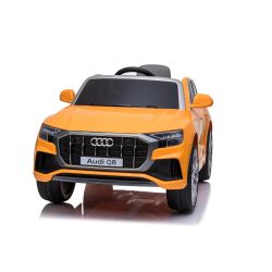 Elektryczne autko Audi Q8, pomarańczowe, oryginalna licencja, skórzane siedzenie, otwieranie drzwi, silnik 2x 25W, akumulator 12 V, pilot 2,4 Ghz, miękkie koła EVA, światła LED, miękki start