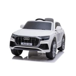 Elektryczne autko Audi Q8, białe, oryginalna licencja, skórzane siedzenie, otwieranie drzwi, silnik 2x 25W, akumulator 12 V, pilot 2,4 Ghz, miękkie koła EVA, światła LED, miękki start