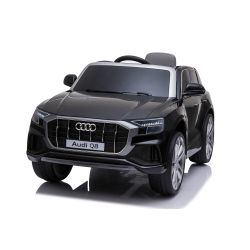 Elektryczne autko Audi Q8, czarny, oryginalna licencja, skórzane siedzenie, otwieranie drzwi, silnik 2x 25W, akumulator 12 V, pilot 2,4 Ghz, miękkie koła EVA, światła LED, miękki start