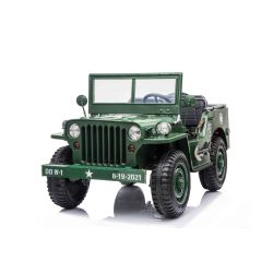 Samochód elektryczny USA ARMY 4X4, zielony, trzyosobowy, odtwarzacz MP3 z wejściem USB / SD, osłony sprężynowe, światła LED, składana przednia szyba, 12V14AH, koła EVA, tapicerowane siedzenia, pilot 2,4 GHz, napęd 4x4