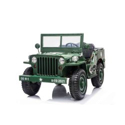 Samochód elektryczny USA ARMY 4X4, zielony, trzyosobowy, odtwarzacz MP3 z wejściem USB / SD, osłony sprężynowe, światła LED, składana przednia szyba, 12V14AH, koła EVA, tapicerowane siedzenia, pilot 2,4 GHz, napęd 4x4