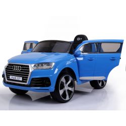 Elektryczne Autko AUDI Q7 Quattro, Niebieski Kolor, Oryginalna Licencja, Zasilanie bateryjne, Otwierane drzwi, Pojedyncze Siedzenie, 2x Silnik, Akumulator 12 V, Pilot Zdalnego Sterowania 2.4 GHz, Koła Soft EVA