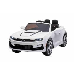 Elektryczny autko Chevrolet Camaro 12V, biały, pilot 2,4 GHz, otwierane drzwi, koła EVA, oświetlenie LED, skórzane siedzenie, 2 X SILNIK, wejście USB / SD, licencja ORYGINALNA