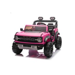Elektryczny samochodzik Ford Bronco XL z napędem na tylne koła, licencjonowany (dwumiejscowy), różowy, bateria litowa, wysokie podwozie, dwa miejsca, zawieszenie tylnej osi, pilot 2,4 GHz, odtwarzacz MP3 z wejściem USB, światła LED