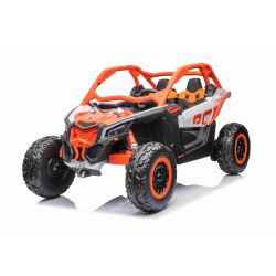 Samochód elektryczny Can-am Maverick, pomarańczowy, dwumiejscowy, zawieszenie tylne, pilot 2,4 Ghz, przenośny akumulator, silniki 4 x 35 W, koła EVA, skórzane fotele, odtwarzacz MP3 z wejściem USB/SD, licencjonowany
