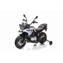 Motocykl elektryczny BMW F850 GS, licencjonowany, akumulator 12V, miękkie koła EVA, silnik 2 x 35W, światła LED, koła pomocnicze, biały