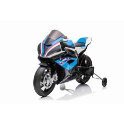 Motocykl elektryczny BMW HP4 RACE 12V, niebieski, Licencjonowany, Koła pomocnicze, koła z miękkiej pianki EVA, silnik 2 x 35W, zawieszenie, rama metalowa, widelec metalowy