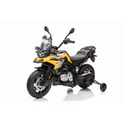 Motocykl elektryczny BMW F850 GS, licencjonowany, akumulator 12V, miękkie koła EVA, silnik 2 x 35W, światła LED, koła pomocnicze, żółty