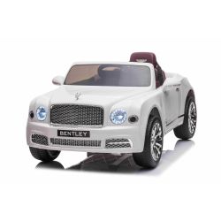 Samochodzik elektryczny Bentley Mulsanne 12V, biały, siedzenie ze skóry ekologicznej, pilot 2,4 GHz, koła Eva, wejście USB / Aux, zawieszenie, akumulator 12V / 7Ah, światła LED, miękkie koła EVA, silnik 2 X 35W, ORYGINALNA licencja