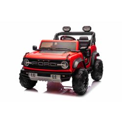 Elektryczny samochodzik Ford Bronco XL z napędem na tylne koła, licencjonowany (dwumiejscowy), czerwony, bateria litowa, wysokie podwozie, dwa miejsca, zawieszenie tylnej osi, pilot 2,4 GHz, odtwarzacz MP3 z wejściem USB, światła LED