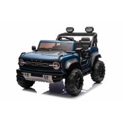 Elektryczny samochodzik Ford Bronco XL z napędem na tylne koła, licencjonowany (dwumiejscowy), niebieski, bateria litowa, wysokie podwozie, dwa miejsca, zawieszenie tylnej osi, pilot 2,4 GHz, odtwarzacz MP3 z wejściem USB, światła LED