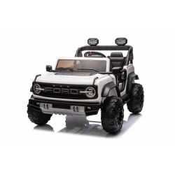 Elektryczny samochodzik Ford Bronco XL z napędem na tylne koła, licencjonowany (dwumiejscowy), biały, bateria litowa, wysokie podwozie, dwa miejsca, zawieszenie tylnej osi, pilot 2,4 GHz, odtwarzacz MP3 z wejściem USB, światła LED
