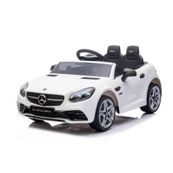Samochodzik elektryczny Mercedes-Benz SLC 12V, biały, fotel ze sztucznej skóry, pilot 2,4 GHz, wejście USB / AUX, tylne zawieszenie, oświetlenie LED, miękkie koła EVA, SILNIK 2 X 30W, ORYGINALNA licencja