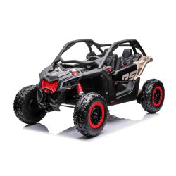 Samochód elektryczny Can-am Maverick, czarny, dwumiejscowy, zawieszenie  tylne, pilot 2,4 Ghz, przenośny akumulator, silniki 4 x 35 W, koła EVA, skórzane fotele, odtwarzacz MP3 z wejściem USB/SD, licencjonowany