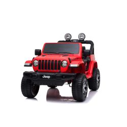 Samochód elektryczny JEEP Wrangler, Jednomiejscowy, czerwony, Skórzane siedzenia, Radio z odtwarzaczem Bluetooth, Wejście SD / USB, Napęd 4x4, Bateria litowa, Koła EVA, Osie zawieszenia, Pilot 2,4 GHz