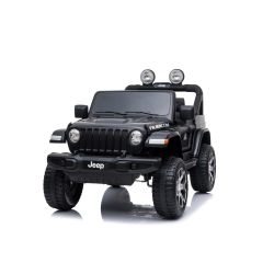Samochód elektryczny JEEP Wrangler, Jednomiejscowy, czarny, Skórzane siedzenia, Radio z odtwarzaczem Bluetooth, Wejście SD / USB, Napęd 4x4, Bateria litowa, Koła EVA, Osie zawieszenia, Pilot 2,4 GHz
