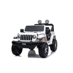 Samochód elektryczny JEEP Wrangler, Jednomiejscowy, Biały, Skórzane siedzenia, Radio z odtwarzaczem Bluetooth, Wejście SD / USB, Napęd 4x4, Bateria litowa, Koła EVA, Osie zawieszenia, Pilot 2,4 GHz