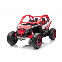 Samochód elektryczny Can-am Maverick, czerwony, dwumiejscowy, zawieszenie tylne, pilot 2,4 Ghz, przenośny akumulator, silniki 4 x 35 W, koła EVA, skórzane fotele, odtwarzacz MP3 z wejściem USB/SD, licencjonowany