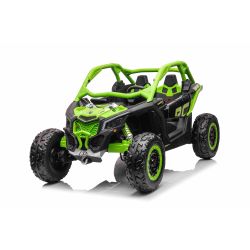 Samochód elektryczny Can-am Maverick, zielony, dwumiejscowy, zawieszenie tylne, pilot 2,4 Ghz, przenośny akumulator, silniki 4 x 35 W, koła EVA, skórzane fotele, odtwarzacz MP3 z wejściem USB/SD, licencjonowany