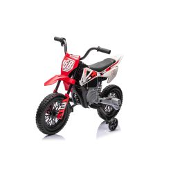 Motocykl elektryczny MOTOCROSS, czerwony, akumulator 12 V, miękkie koła EVA, skórzane siedzenie, silnik 2 x 25 W, zawieszenie, metalowa rama, odtwarzacz MP3 z Bluetooth, koła pomocnicze