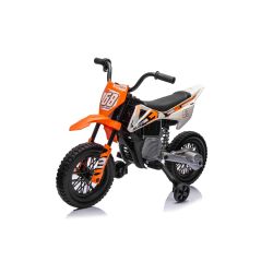 Motocykl elektryczny MOTOCROSS, pomarańczowy, akumulator 12 V, miękkie koła EVA, skórzane siedzenie, silnik 2 x 25 W, zawieszenie, metalowa rama, odtwarzacz MP3 z Bluetooth, koła pomocnicze