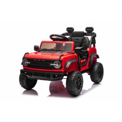 Elektryczny samochodzik Ford Bronco z napędem na tylne koła z prawem jazdy (pojedyncze siedzenie), czerwony, bateria litowa, wysokie podwozie, szerokie siedzenie, zawieszenie tylnej osi, pilot 2,4 GHz, odtwarzacz MP3 z wejściem USB, światła LED