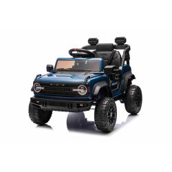 Elektryczny samochodzik Ford Bronco z napędem na tylne koła i prawem jazdy (pojedyncze siedzenie), niebieski, bateria litowa, wysokie podwozie, szerokie siedzenie, zawieszenie tylnej osi, pilot 2,4 GHz, odtwarzacz MP3 z wejściem USB, światła LED