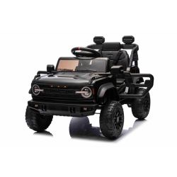 Elektryczny samochodzik Ford Bronco z napędem na tylne koła z prawem jazdy (pojedyncze siedzenie), czarny, bateria litowa, wysokie podwozie, szerokie siedzenie, oś tylna z zawieszeniem, pilot 2,4 GHz, odtwarzacz MP3 z wejściem USB, światła LED