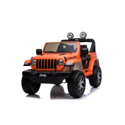 Samochód elektryczny JEEP Wrangler, Jednomiejscowy, Pomarańczowy, Skórzane siedzenia, Radio z odtwarzaczem Bluetooth, Wejście SD / USB, Napęd 4x4, Bateria litowa, Koła EVA, Osie zawieszenia, Pilot 2,4 GHz