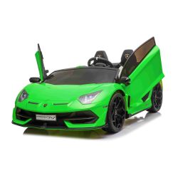 Samochodzik elektryczny Lamborghini Aventador 24V Double, zielony lakier, 2,4 GHz DO, miękkie siedzenia PU, wyświetlacz LCD, zawieszenie, drzwi otwierane pionowo, miękkie koła EVA, silnik 2 X 45W, licencja ORYGINALNA