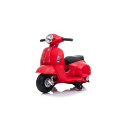 Motocykl elektryczny Vespa GTS, czerwony, z kołami pomocniczymi, licencjonowany, akumulator 6V, skórzane siedzenie, silnik 30W