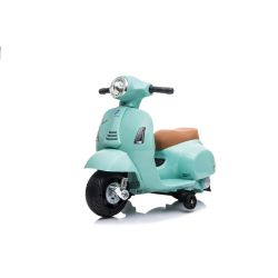 Motocykl elektryczny Vespa GTS, turkusowy, z kołami pomocniczymi, licencjonowany, akumulator 6V, skórzane siedzenie, silnik 30W