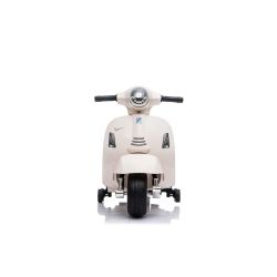 Motocykl elektryczny Vespa GTS, biały, z kołami pomocniczymi, licencjonowany, akumulator 6V, skórzane siedzenie, silnik 30W