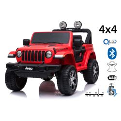 Samochód elektryczny JEEP Wrangler, Jednomiejscowy, czerwony, Skórzane siedzenia, Radio z odtwarzaczem Bluetooth, Wejście SD / USB, Napęd 4x4, Akumulator 12V10Ah, Koła EVA, Osie zawieszenia, Pilot 2,4 GHz