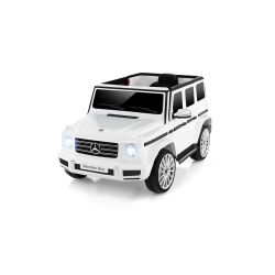 Elektryczny samochodzik Mercedes G, biały, pojedyncze siedzenie, bateria litowa, pilot 2,4 GHz, 2XMOTOR, USB, karta SD, licencja ORGINALNA