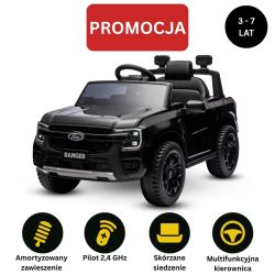 Autko elektryczne FORD Ranger 12V, czarny, skórzane siedzenie, pilot 2,4 GHz, wejście Bluetooth/USB, zawieszenie, akumulator 12V, plastikowe koła, SILNIK 2 X 30W, ORYGINALNA licencja