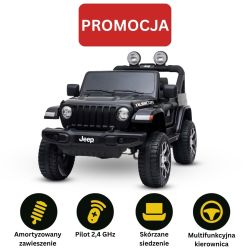 Samochód elektryczny JEEP Wrangler, Jednomiejscowy, czarny, Skórzane siedzenia, Radio z odtwarzaczem Bluetooth, Wejście SD / USB, Napęd 4x4, Bateria litowa, Koła EVA, Osie zawieszenia, Pilot 2,4 GHz