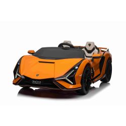 Samochód elektryczny Lamborghini Sian 4X4, pomarańczowy, 12V, pilot 2,4 GHz, wejście USB/AUX, Bluetooth, zawieszenie, drzwi otwierane pionowo, miękkie koła EVA, oświetlenie LED, ORYGINALNA licencja